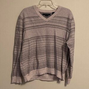 Perry Ellis Women’s Gray and White Striped V-Neck Sweater